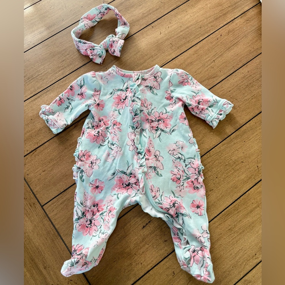 Little Me Floral Ruffle Zippered Footie with Matching Headband, 3 months